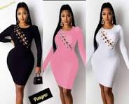 Three stylish women wears showcasing black, pink, and white dresses with cutout details and elegant accessories.
