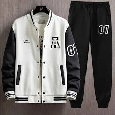 Stylish MENS WEAR outfit featuring a varsity jacket and jogger pants in black and white.