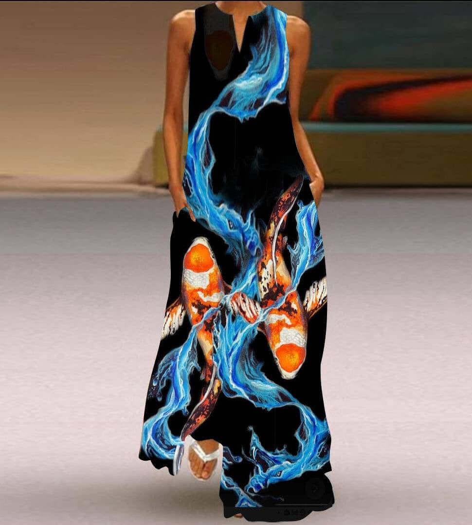 New Womens Sleeveless Long Dress V neck Printed Face Dress European and American Womens Personalized Dress featuring vibrant 3D patterns.