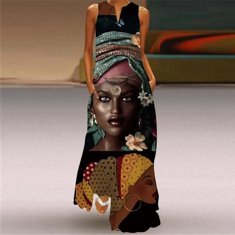 New Summer Womens Sleeveless Long Dress V neck Printed Face Dress European and American Womens Personalized Dress