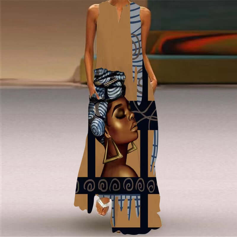 New Summer Womens Sleeveless Long Dress V neck Printed Face Dress European and American Womens Personalized Dress