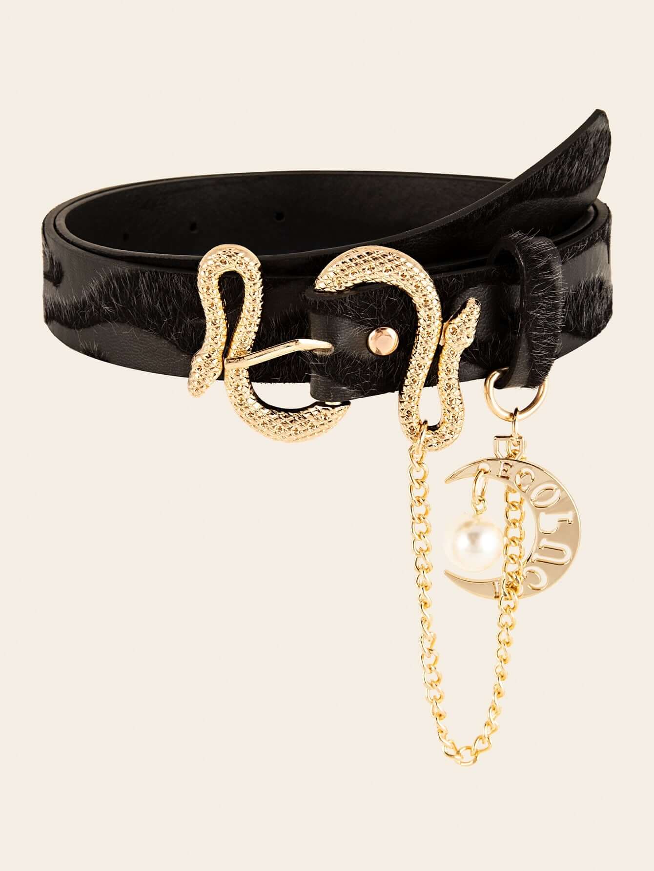 Snake buckle jacquard velvet women belt chain elegant and luxurious accessories with gold detailing and pearl charm.