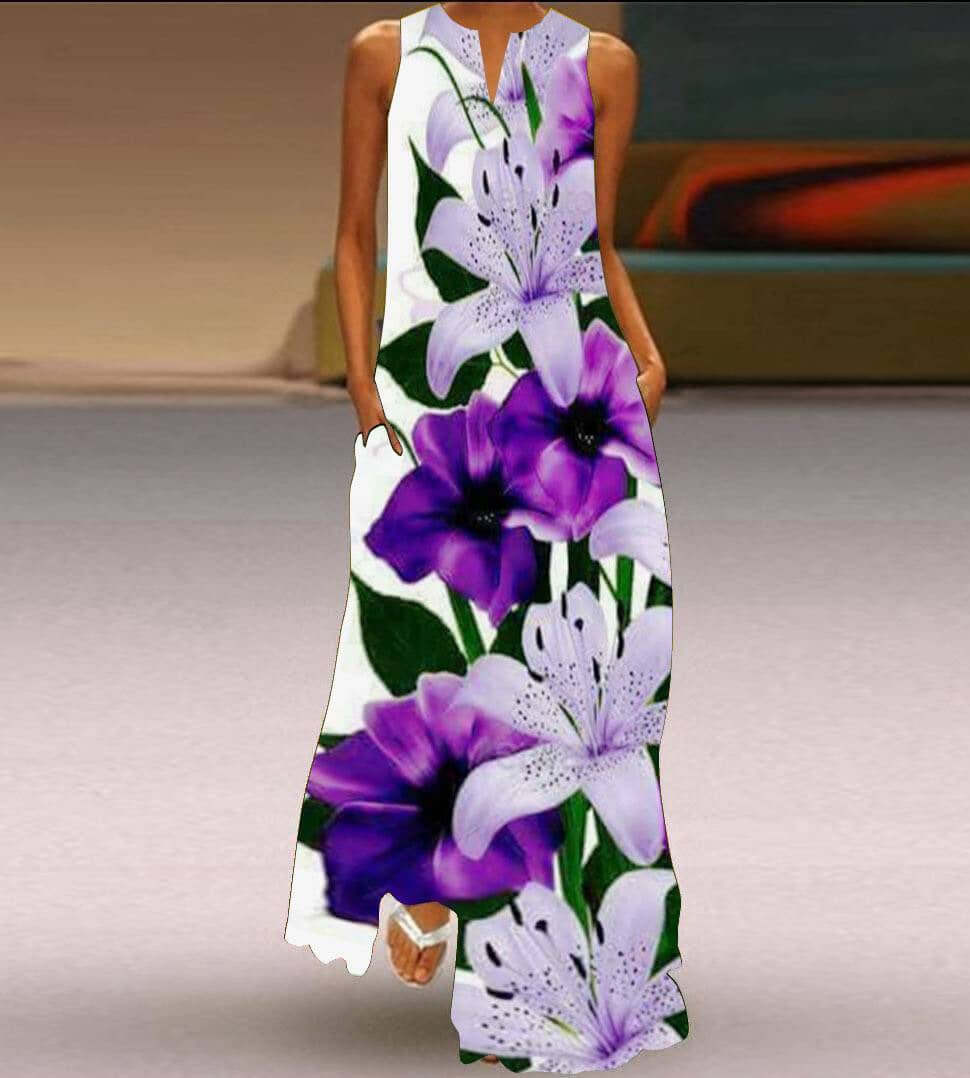 New Womens Sleeveless Long Dress V neck Printed Face Dress European and American Womens Personalized Dress