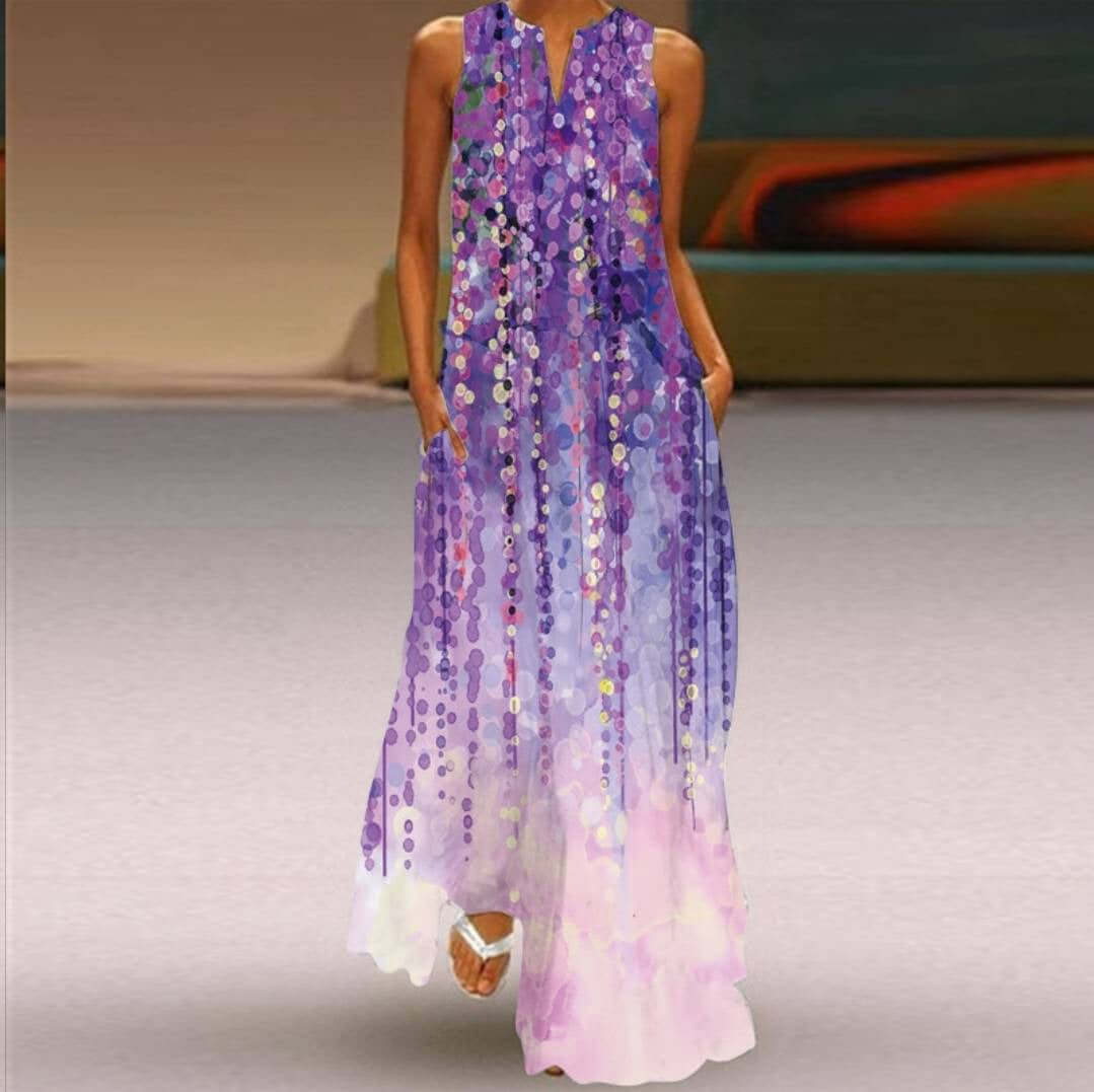 New Womens Sleeveless Long Dress V neck Printed Face Dress European and American Womens Personalized Dress in purple design.