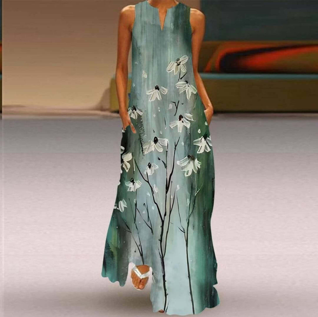 New Womens Sleeveless Long Dress V neck Printed Face Dress European and American Womens Personalized Dress