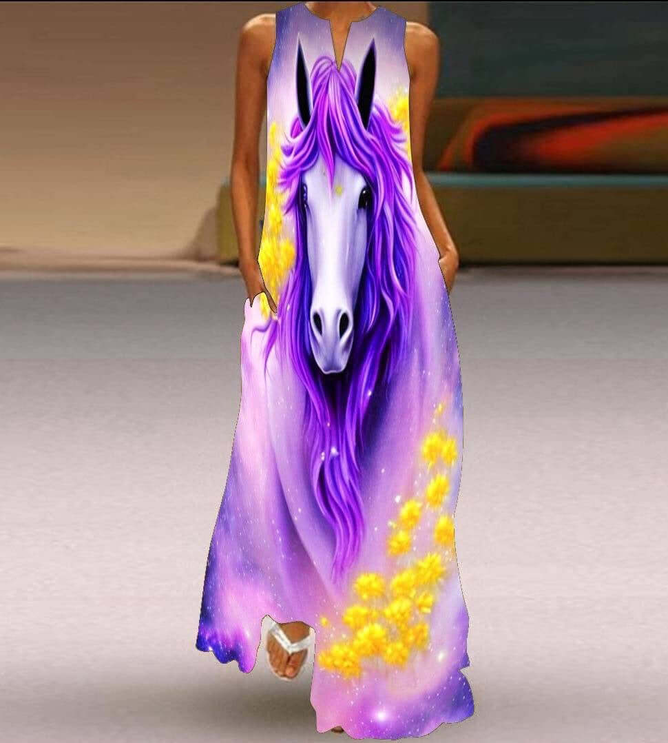 New Womens Sleeveless Long Dress V neck Printed Face Dress European and American Womens Personalized Dress with unicorn design.
