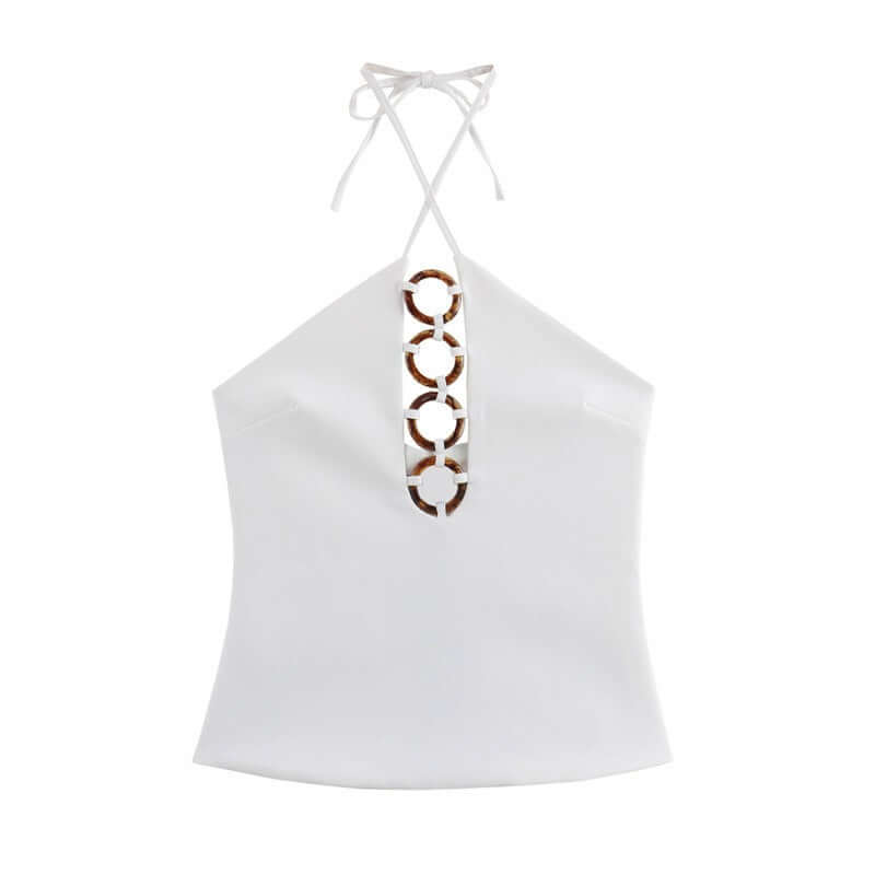 Accessories hanging neck short top, short skirt and pants set for women - stylish white halter top with circular accents.