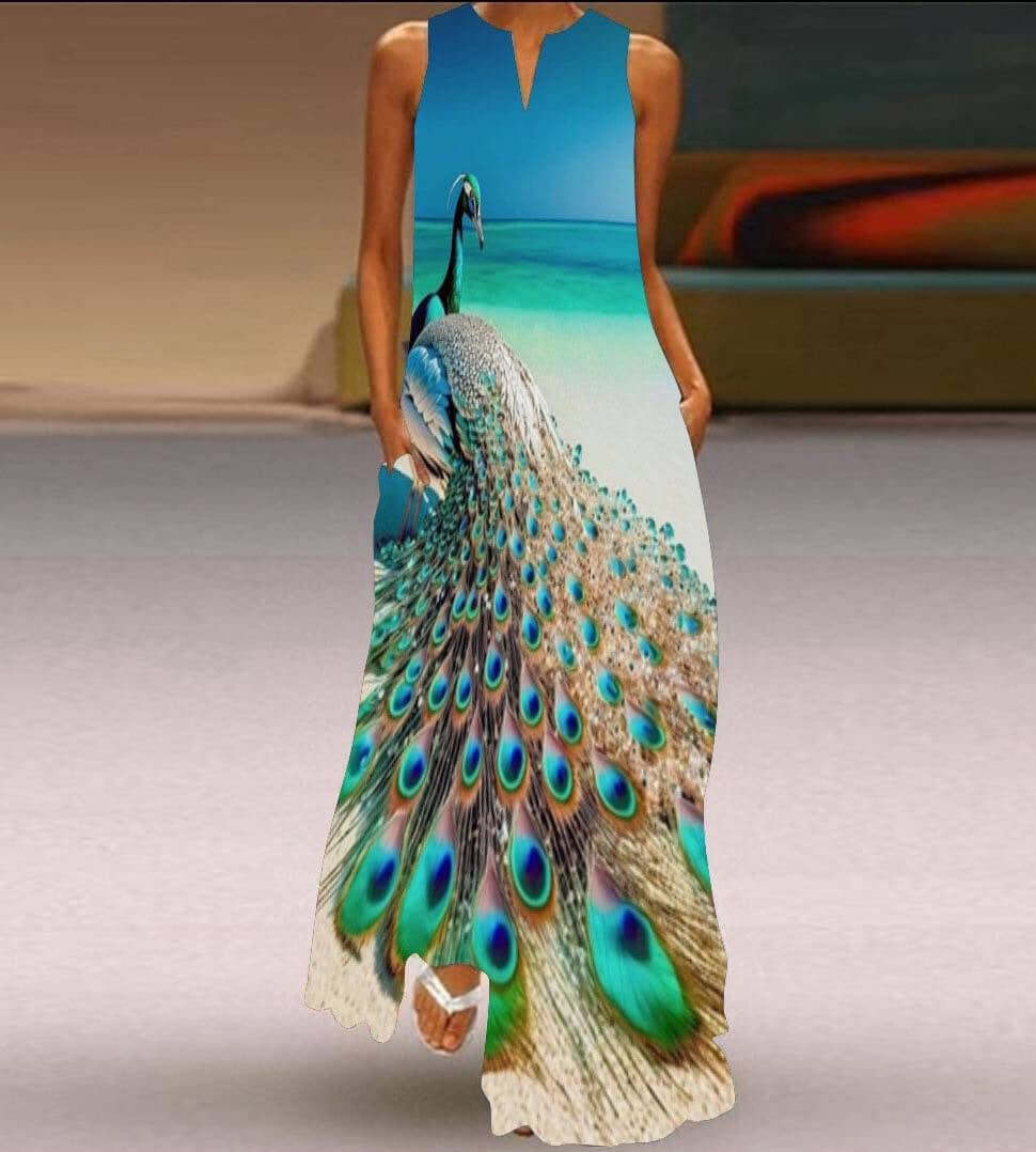 New Womens Sleeveless Long Dress V neck Printed Face Dress European and American Womens Personalized Dress with peacock design.