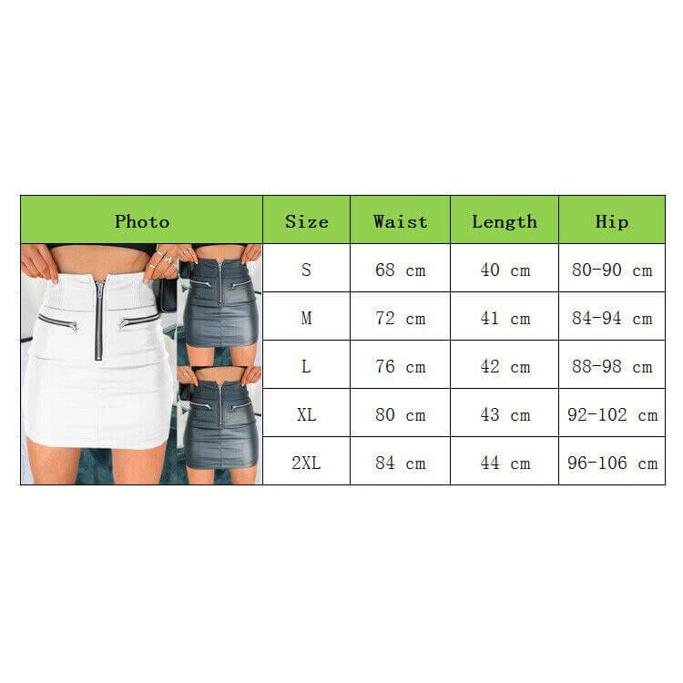Womens PU Leather Zipper Skirt High Waist Pencil Evening Party Club Wear Bodycon Short Mini Skirt size chart with measurements.