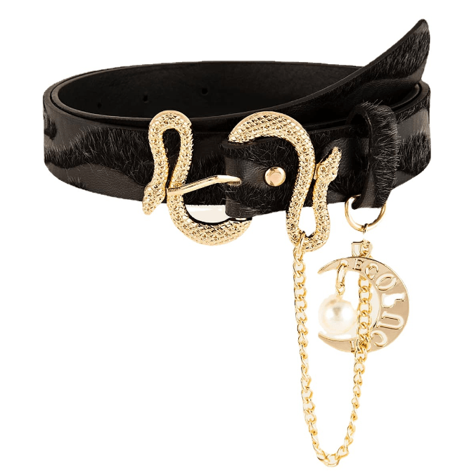 Snake buckle jacquard velvet women belt chain elegant and luxurious accessories with gold accents and pearl charm.