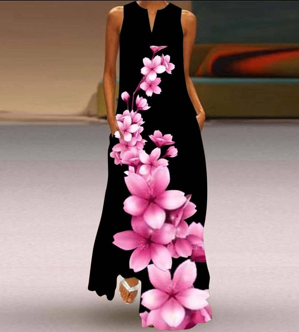New Womens Sleeveless Long Dress V neck Printed Face Dress European and American Womens Personalized Dress with floral design.