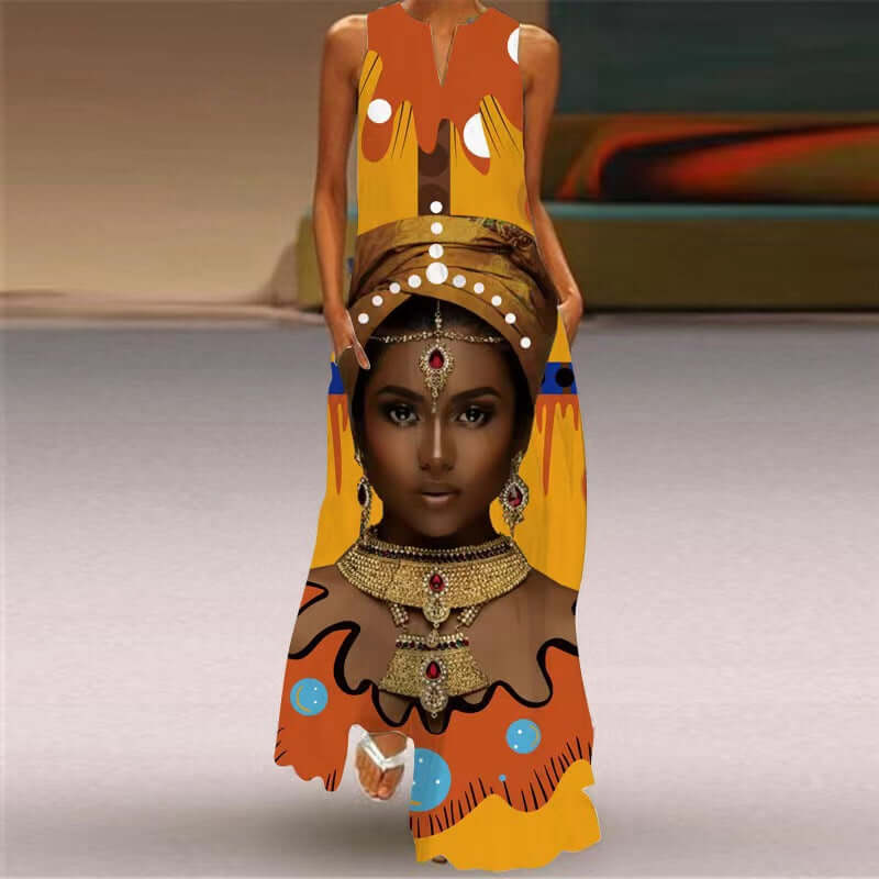 New Summer Womens Sleeveless Long Dress V neck Printed Face Dress European and American Womens Personalized Dress