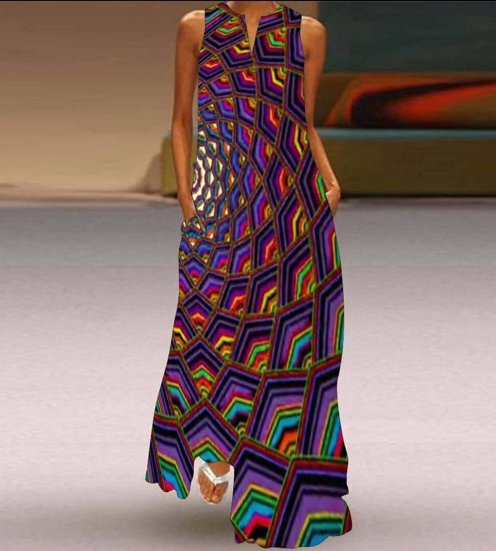 New Womens Sleeveless Long Dress V neck Printed Face Dress European and American Womens Personalized Dress in vibrant geometric pattern.
