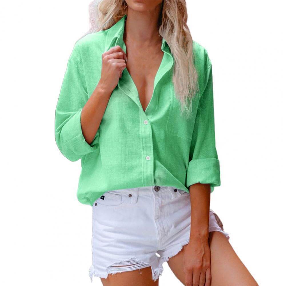 Womens Solid Cotton Linen Long Sleeve Shirt Womens Casual Loose Linen Button Shirt Lapel Top in vibrant green, worn with white shorts.