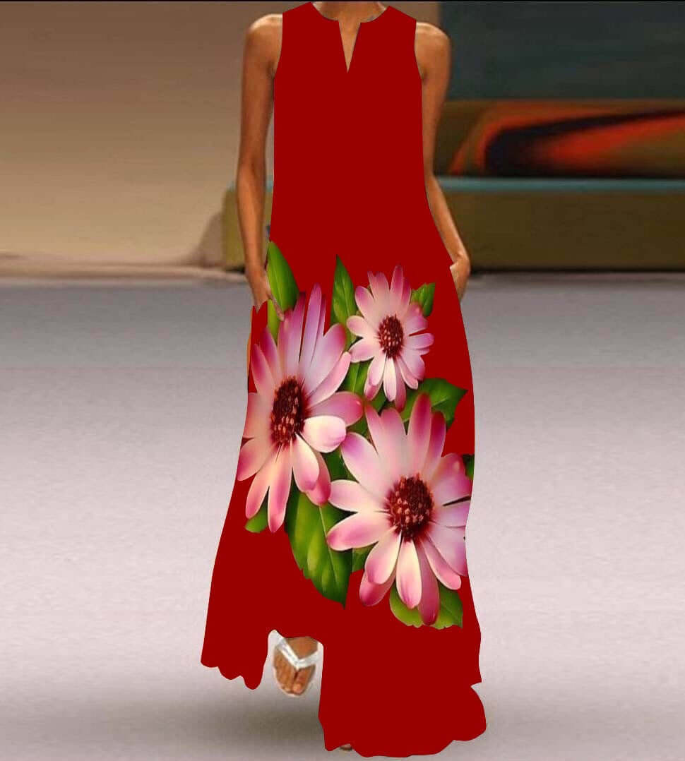 New Womens Sleeveless Long Dress V neck Printed Face Dress European and American Womens Personalized Dress