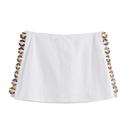Accessories hanging neck short top, short skirt and pants set for women - stylish white skirt with patterned accents.