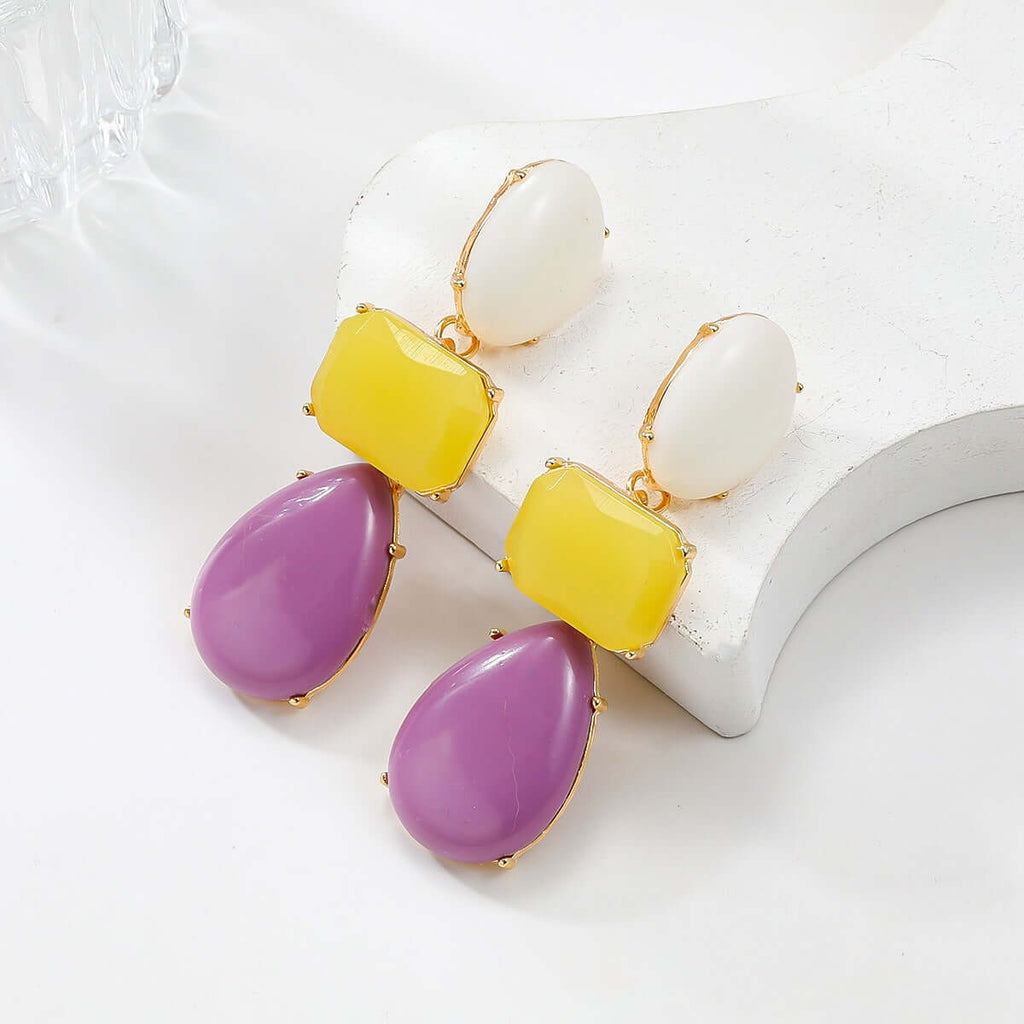 Colored resin earrings for women with Bohemian style exaggerated accessories in vibrant tones.