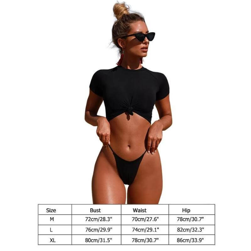 Swim Suit T-shirt Thong Bikini womens displayed on a model showcasing sizes and fit details in black.