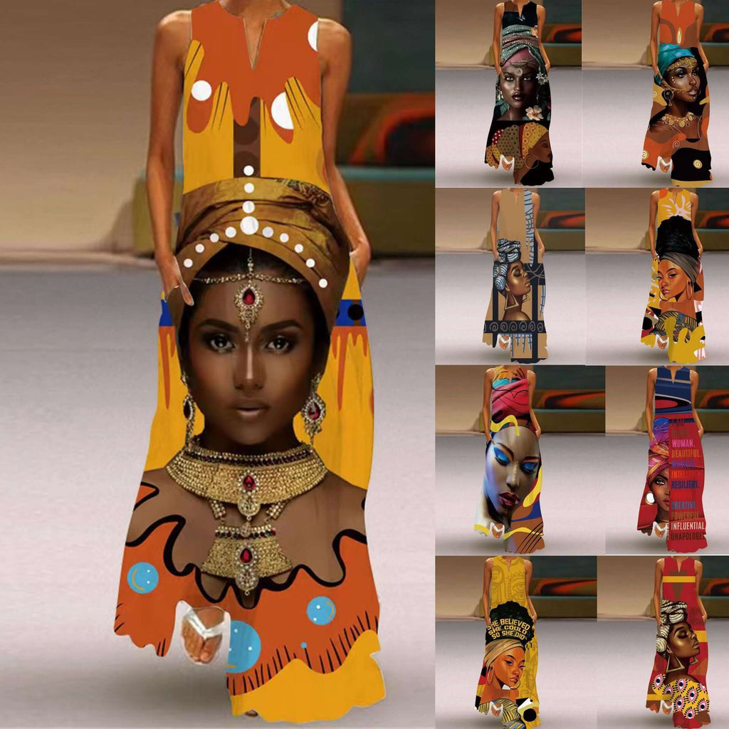 New Summer Womens Sleeveless Long Dress V neck Printed Face Dress European and American Womens Personalized Dress in vibrant colors.