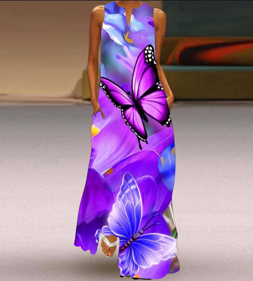 New Womens Sleeveless Long Dress V neck Printed Face Dress European and American Womens Personalized Dress with butterfly print.