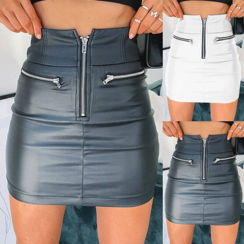 Womens PU Leather Zipper Skirt High Waist Pencil Evening Party Club Wear Bodycon Short Mini Skirt in black and white.