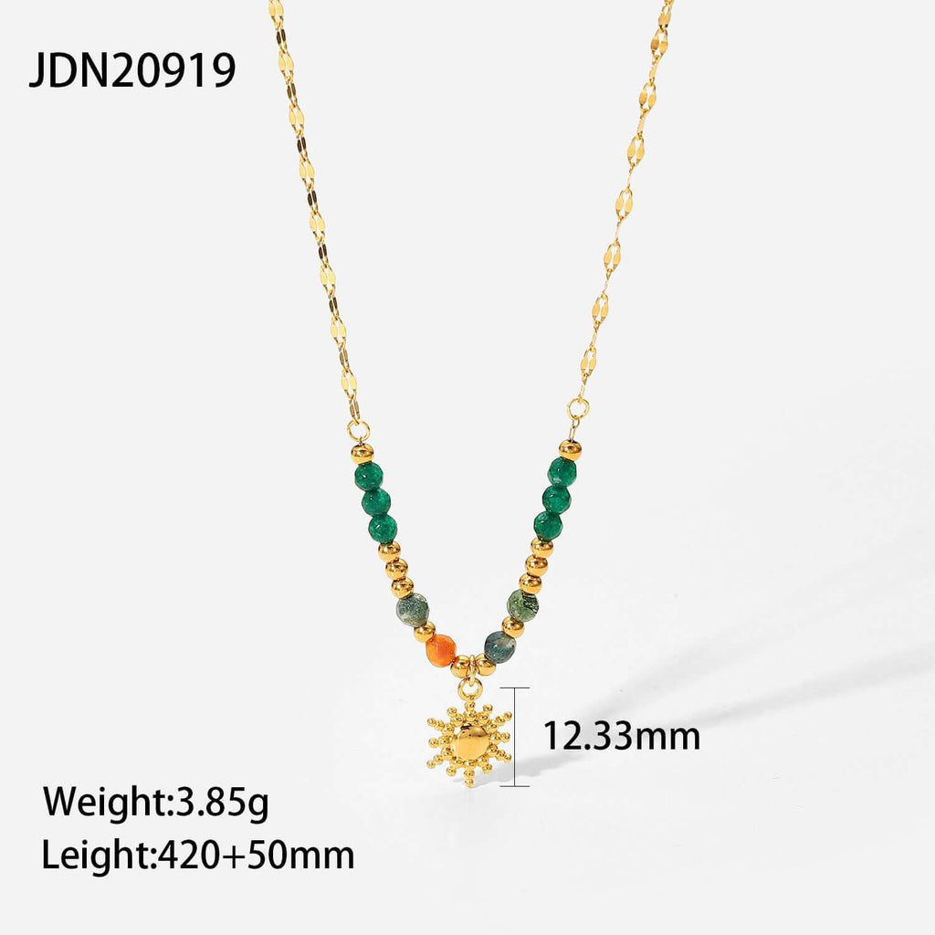 French fashion retro INS style necklace, sun pendant, accessories for women with colorful beads and gold chain.