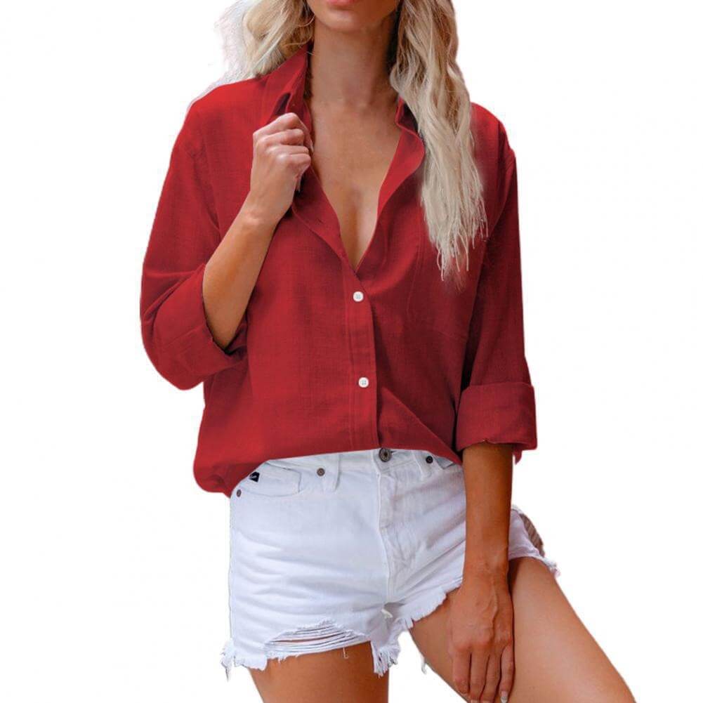 Womens Solid Cotton Linen Long Sleeve Shirt Womens Casual Loose Linen Button Shirt Lapel Top in red worn with shorts.