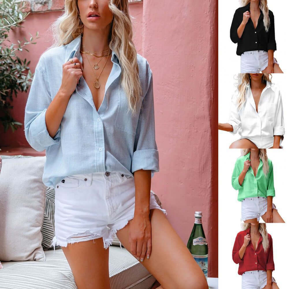 Womens Solid Cotton Linen Long Sleeve Shirt Womens Casual Loose Linen Button Shirt Lapel Top in various colors displayed by a model.