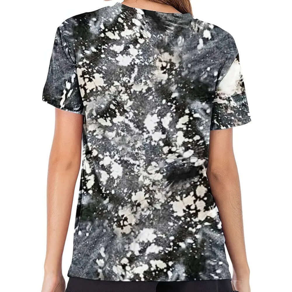 Summer New Temu Top Digital Print Round Neck Short Sleeve T Shirt Womens Wear, back view with animal pattern design.