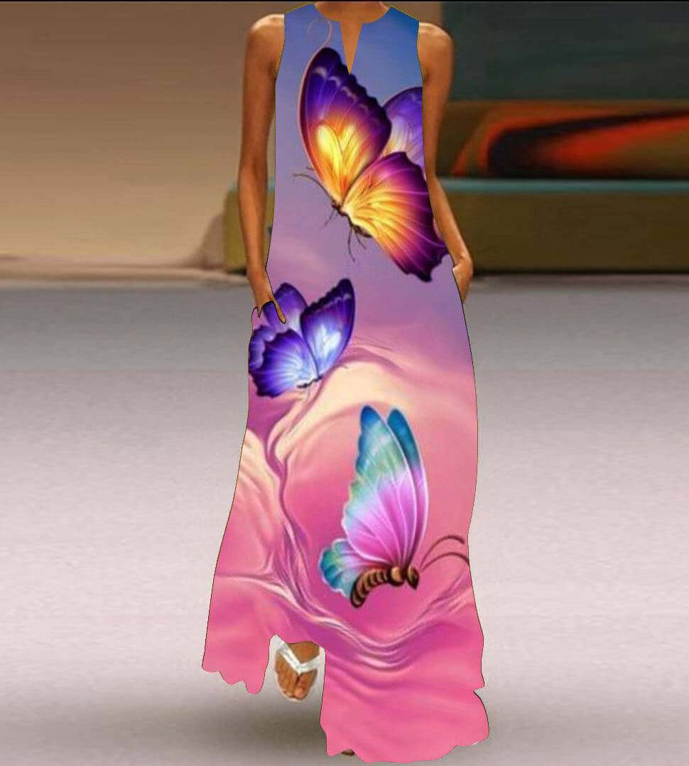 New Womens Sleeveless Long Dress V neck Printed Face Dress European and American Womens Personalized Dress with butterfly print.