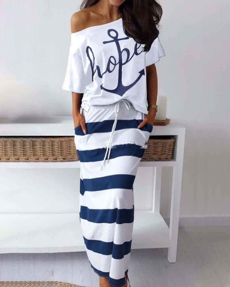 New European and American Navy Style Casual Set Womens Boat Anchor Print Womens Short Sleeve Set Women.