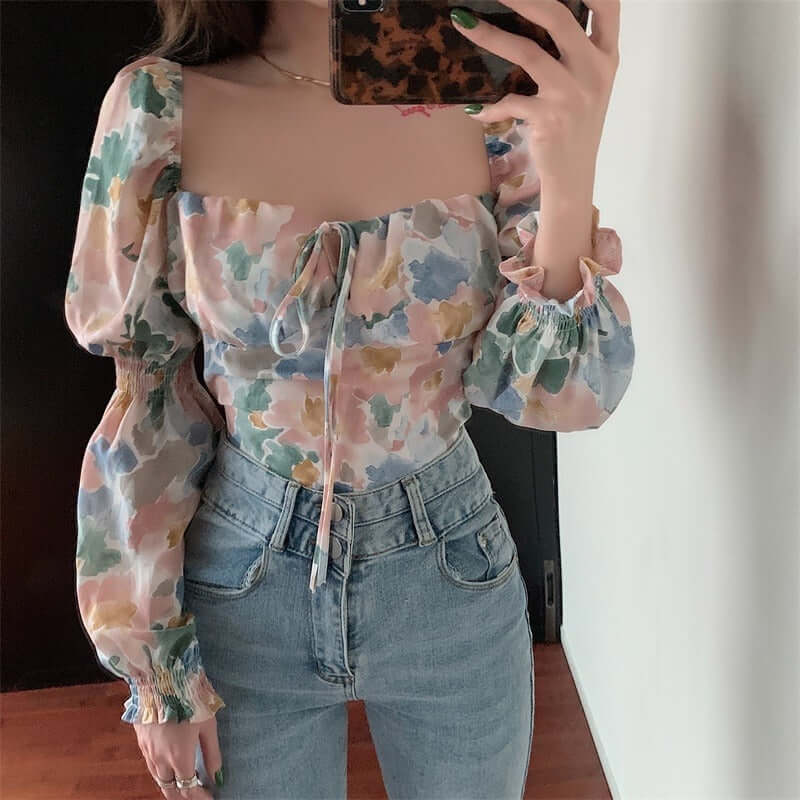 Careful Machine Short Print Off Shoulder Open Collar Top Bow Tie Small Shirt Womens Wear styled with jeans.