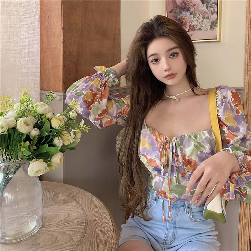 Careful Machine Short Print Off Shoulder Open Collar Top Bow Tie Small Shirt Womens Wear on model with floral background