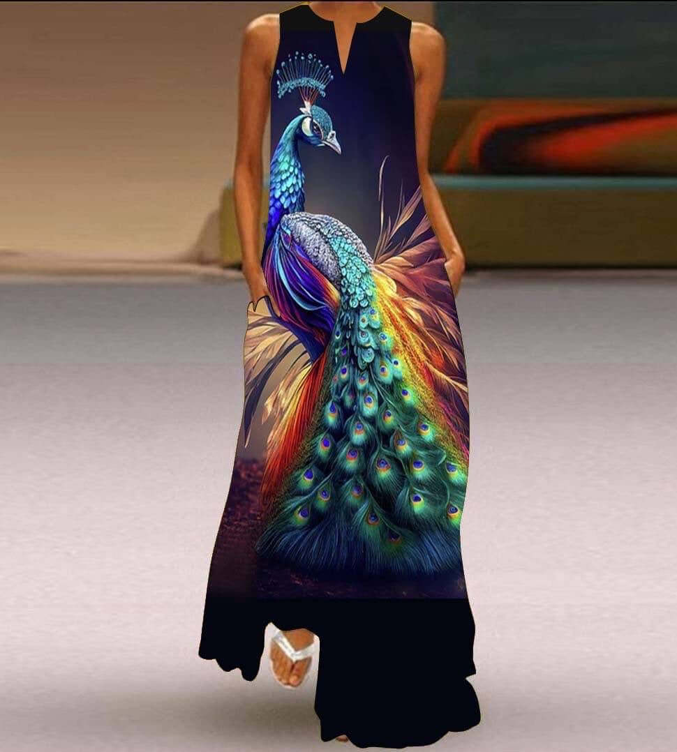 New Womens Sleeveless Long Dress V neck Printed Face Dress European and American Womens Personalized Dress featuring peacock design.