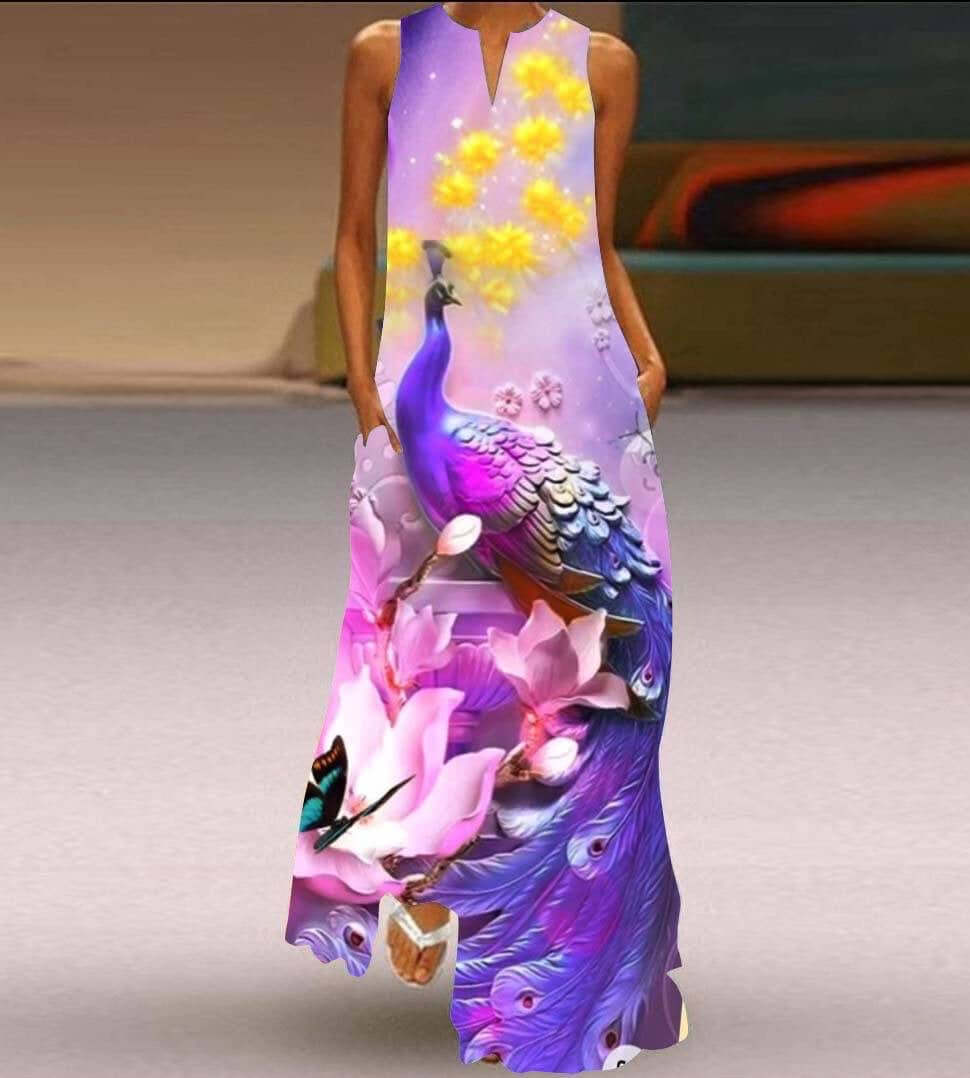 New Womens Sleeveless Long Dress V neck Printed Face Dress European and American Womens Personalized Dress