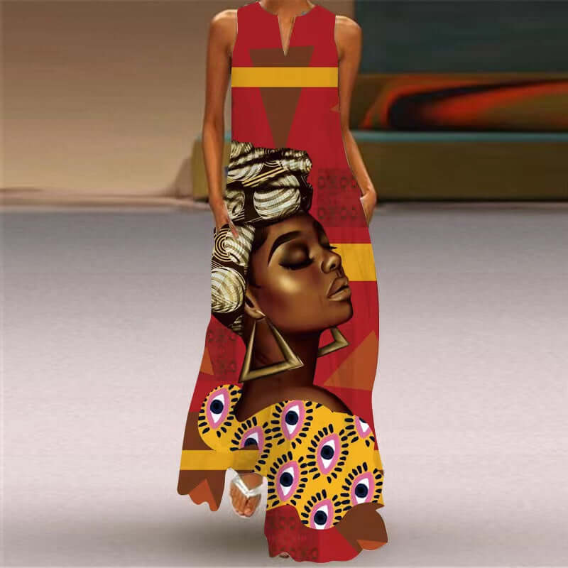 New Summer Womens Sleeveless Long Dress V neck Printed Face Dress European and American Womens Personalized Dress