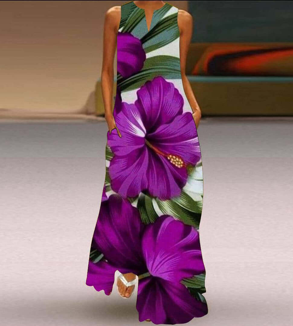 New Womens Sleeveless Long Dress V neck Printed Face Dress European and American Womens Personalized Dress featuring vibrant floral design.