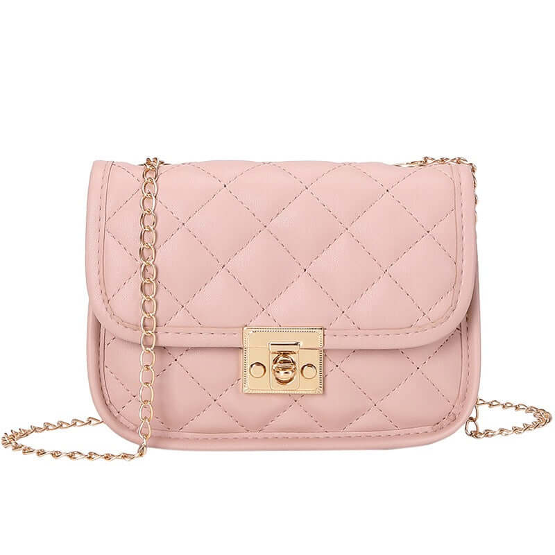New Embroidered Bag Ladies Bags Trendy Womens Bag Womens Small Square Bag Fashion Chain Bag in pink quilted design.