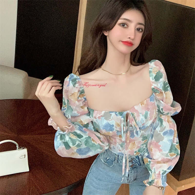Careful Machine Short Print Off Shoulder Open Collar Top Bow Tie Small Shirt Womens Wear with colorful blouse and bubble sleeves.