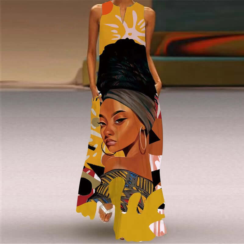 New Summer Womens Sleeveless Long Dress V neck Printed Face Dress European and American Womens Personalized Dress