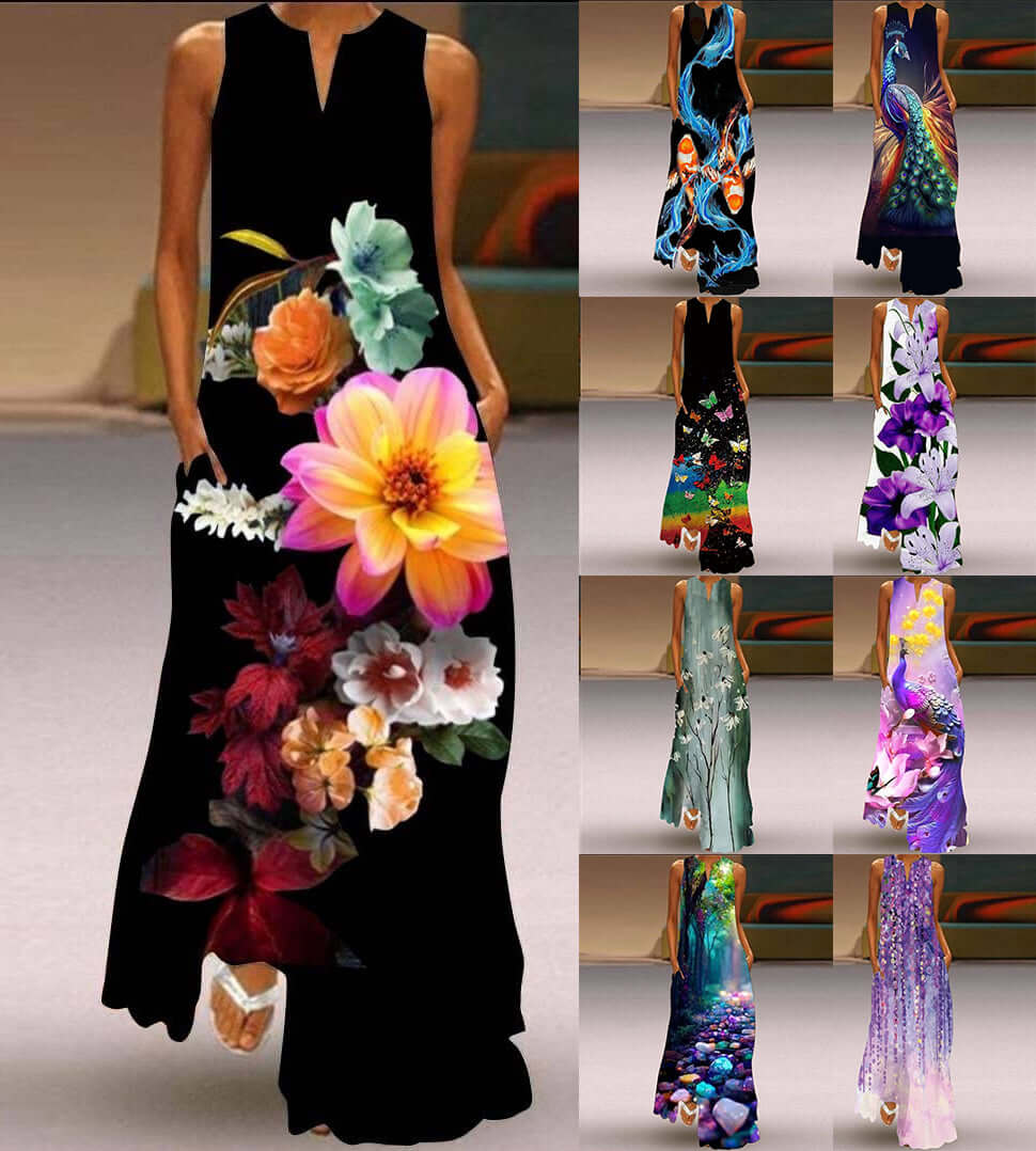 New Womens Sleeveless Long Dress V neck Printed Face Dress European and American Womens Personalized Dress showcasing vibrant floral designs.