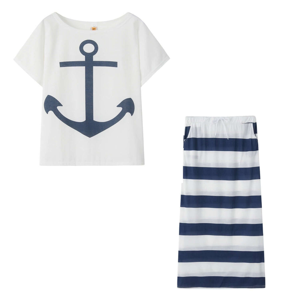 New European and American Navy Style Casual Set Womens Boat Anchor Print Womens Short Sleeve Set Women.