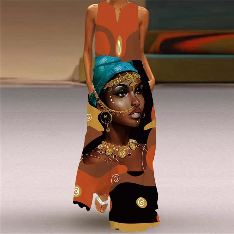New Summer Womens Sleeveless Long Dress V neck Printed Face Dress European and American Womens Personalized Dress