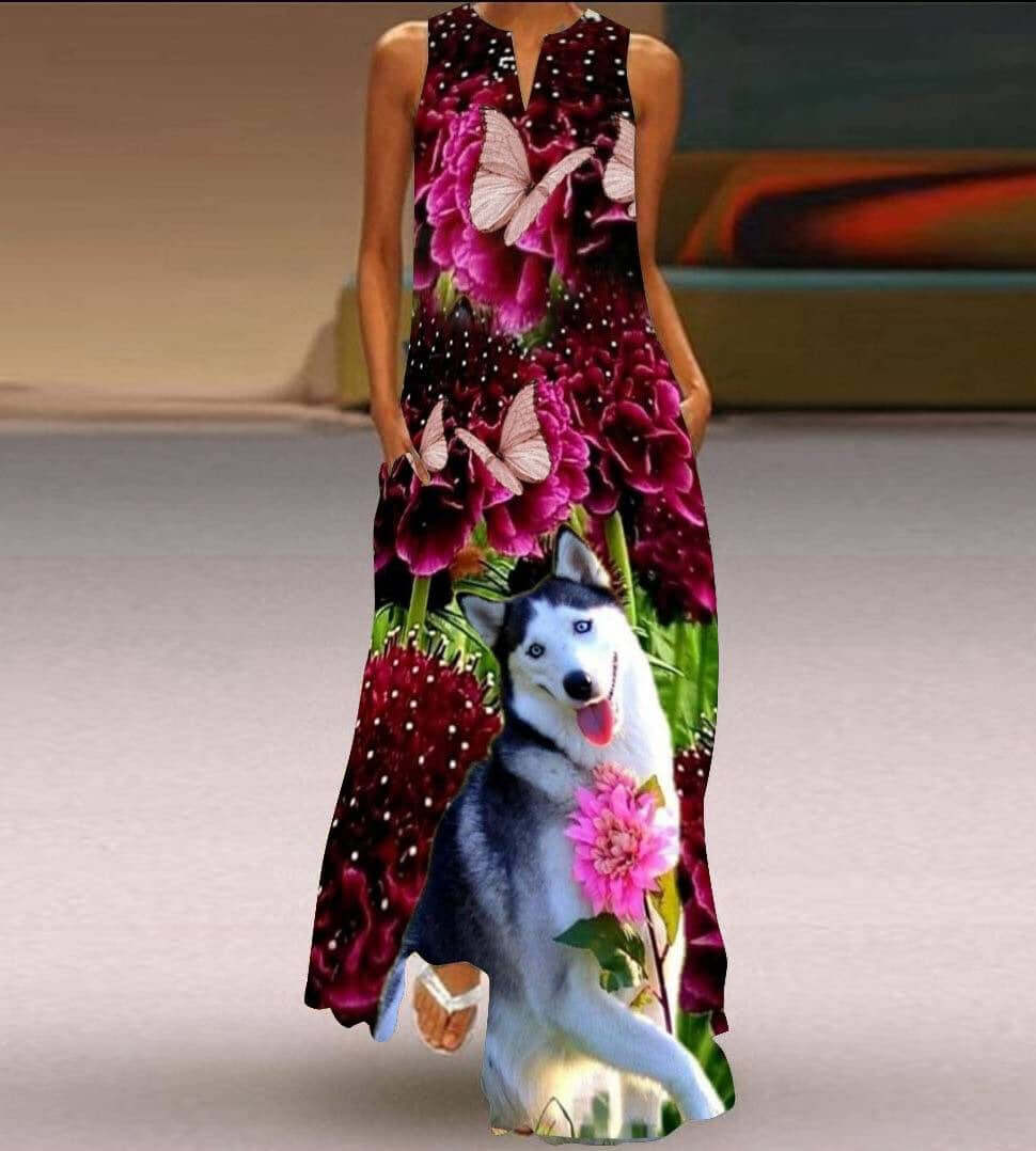 New Womens Sleeveless Long Dress V neck Printed Face Dress European and American Womens Personalized Dress