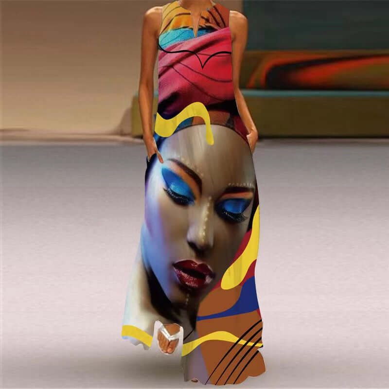 New Summer Womens Sleeveless Long Dress V neck Printed Face Dress European and American Womens Personalized Dress in vibrant colors.