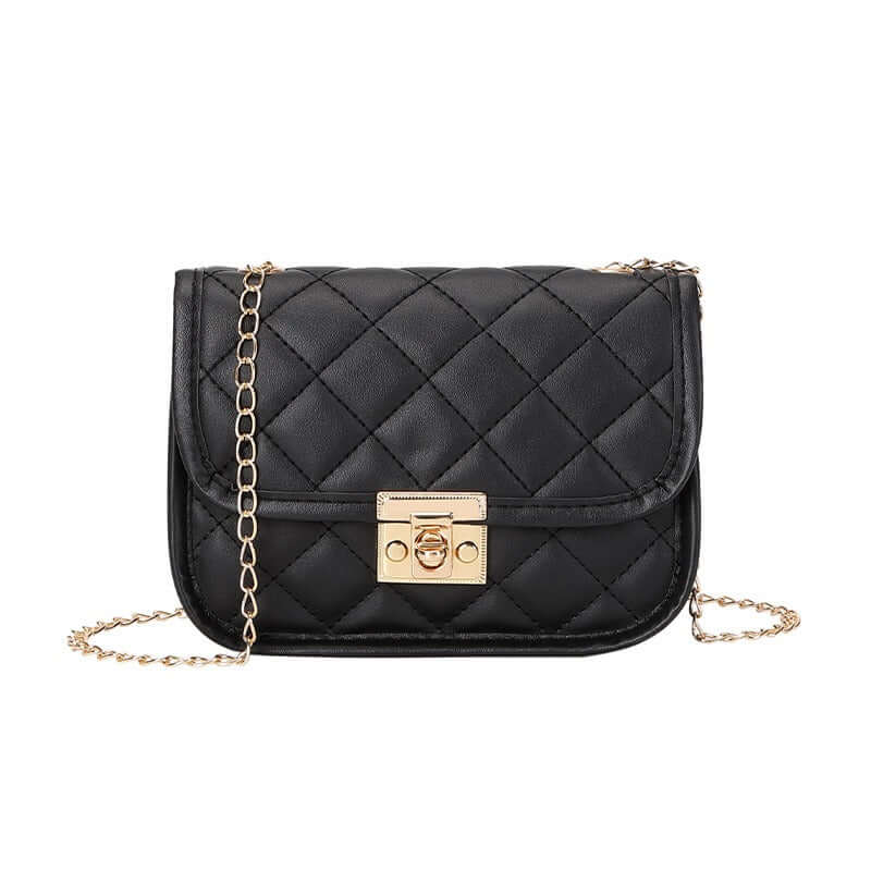 New Embroidered Bag Ladies Bags Trendy Womens Bag Womens Small Square Bag Fashion Chain Bag in black with quilted design.