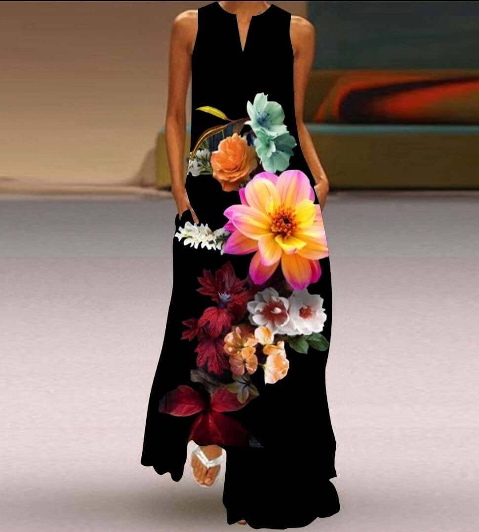 New Womens Sleeveless Long Dress V neck Printed Face Dress European and American Womens Personalized Dress