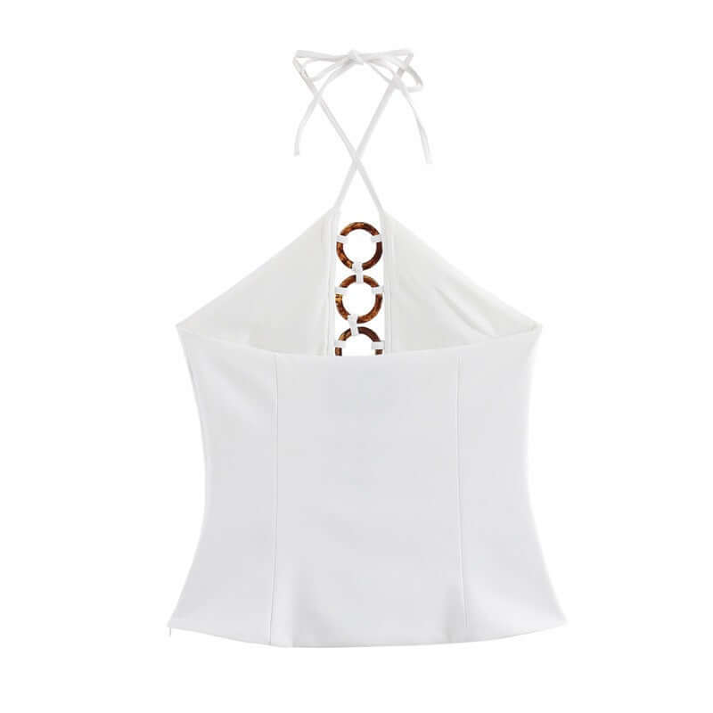 Accessories hanging neck short top, short skirt and pants set for women - stylish white halter top with tie straps.
