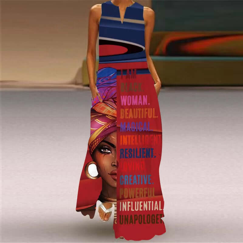 New Summer Womens Sleeveless Long Dress V neck Printed Face Dress European and American Womens Personalized Dress