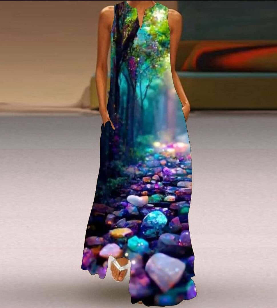 New Womens Sleeveless Long Dress V neck Printed Face Dress European and American Womens Personalized Dress